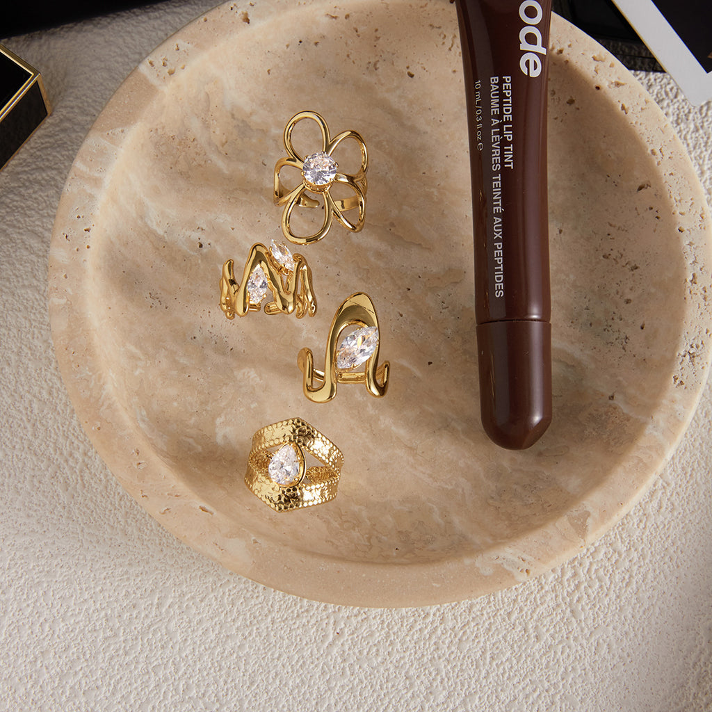 18k Gold Tone Crystal Ring Set - Bow/Heart/Letter/Arrow Designs | INS-Style Stackable Daily/Brunch Finger Jewelry for Women