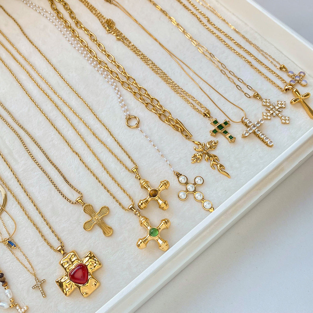 Gold Cross Necklace Set - Multi-Style Vintage Religious Statement Necklaces with Gemstones & CZ for Women