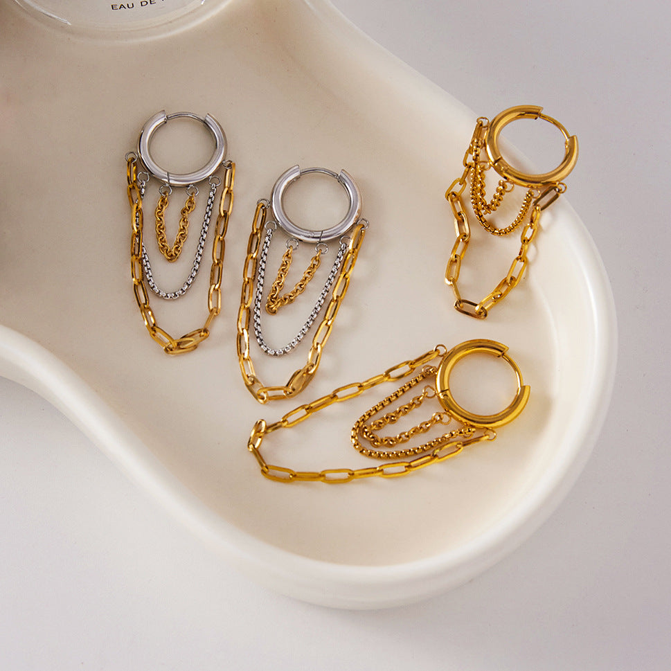 18K Gold-Plated Stainless Steel 2-Tone (Gold & Silver) Chain Fringe Oversized Hoop Earrings | Trendy INS-Style Statement Jewelry for Women | Bold Chic Fringe Hoop Earrings for Daily Wear & Party Outfits