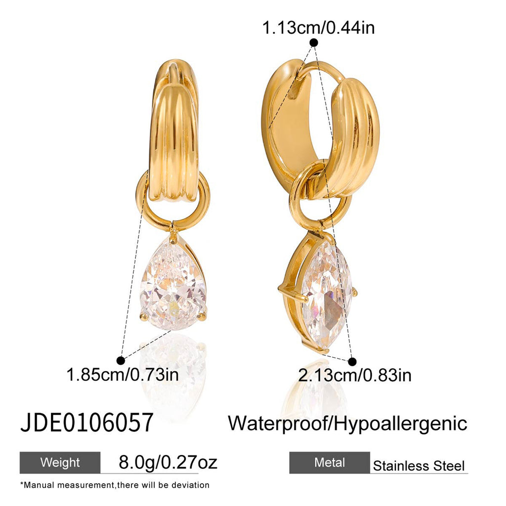 Gold Crystal Ear Set - Stone Cuff/Pear Huggies/Drop Studs | 18k Gold Tone INS-Style Daily/Brunch Ear Jewelry for Women
