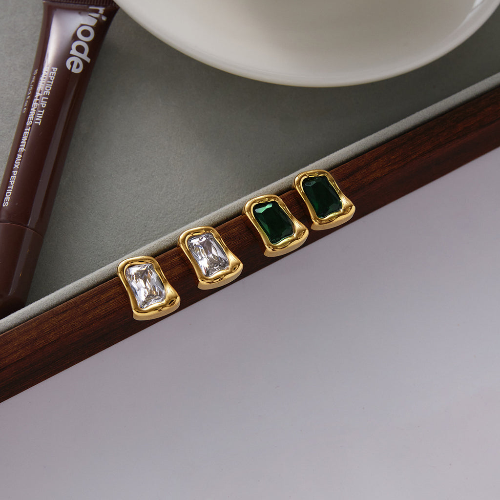 Gold Irregular Frame Gem Stud Earring Set - White/Green/Black Stone Accents | Modern Bold Daily/Brunch Jewelry for Women (Glossy Textured Gold Borders)