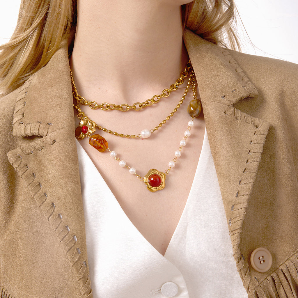 Gold Layered Retro Gem Necklace Set - Pearl/Heart/Leaf/Coin Charms | Vintage Luxury Statement Jewelry for Women (Daily/Party Wear)