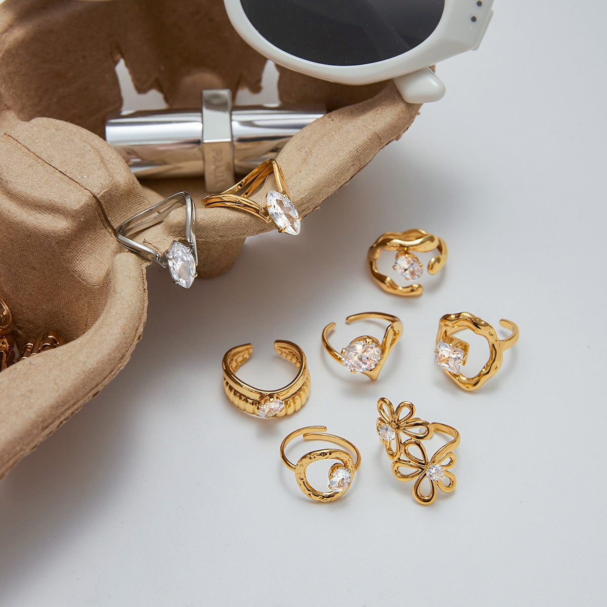 18k Gold/Silver Tone Crystal Ring Set - Snake/Bow/Irregular Designs | INS-Style Stackable Daily/Brunch Finger Jewelry for Women