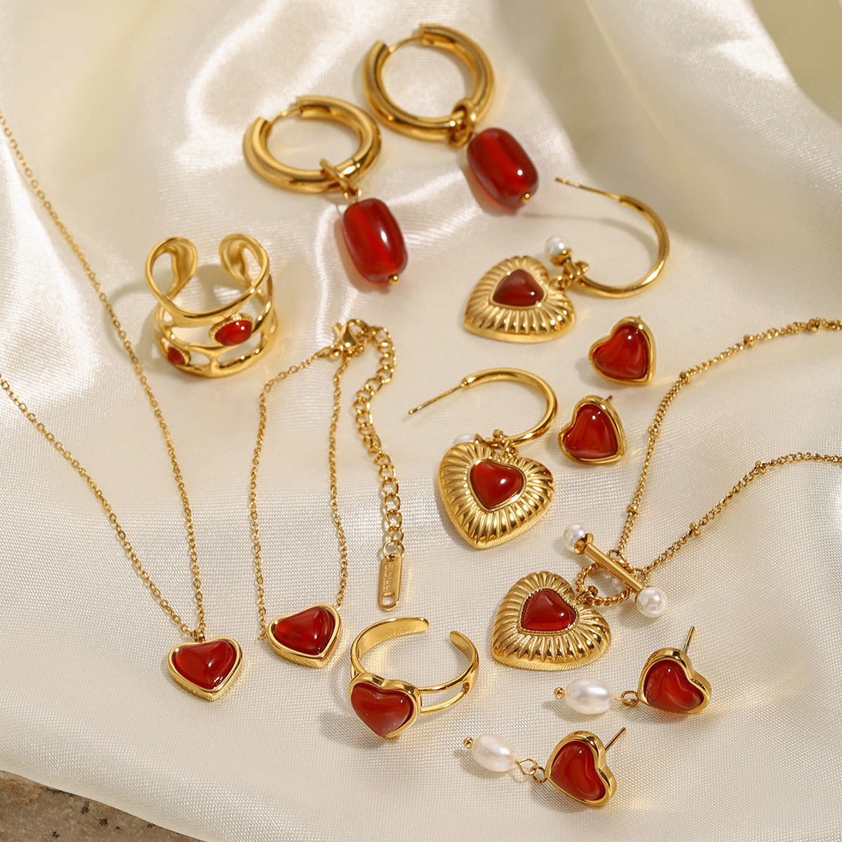 18k Gold Tone Red Heart Gem Jewelry Set - Pearl Accent Necklace/Earrings/Rings | INS-Style Daily/Brunch Accessories for Women