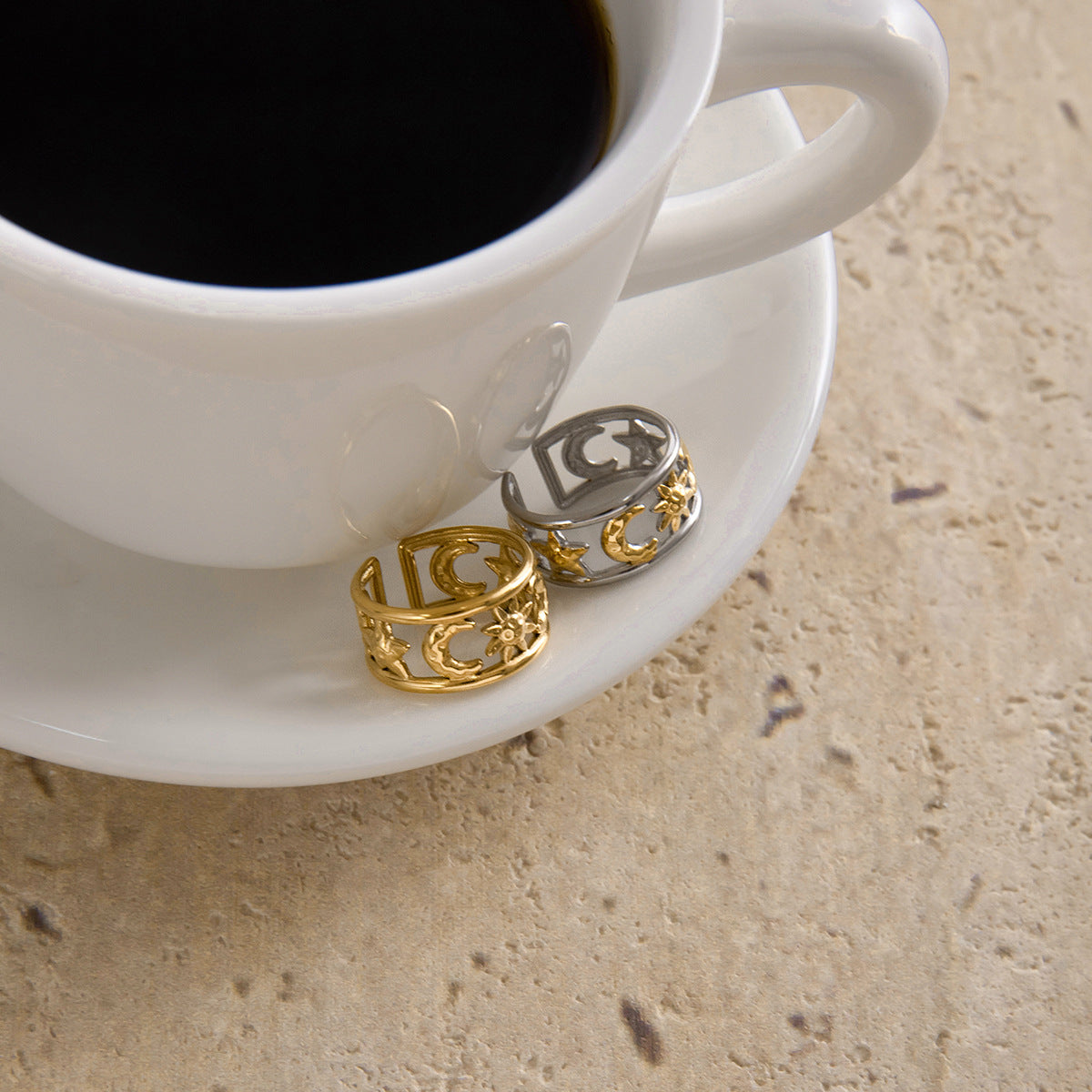 Gold & Silver Celestial Ring Set - Sun/Moon/Star Charms | Boho Layered Statement Jewelry for Women (Daily/Casual/Boho Outfit Wear)