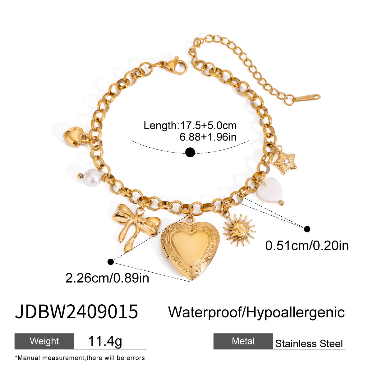 18k Gold Tone Heart Pendant Bracelet Set - Pearl/Star/Bow Charms | INS-Style Stackable Daily/Brunch Wrist Jewelry for Women