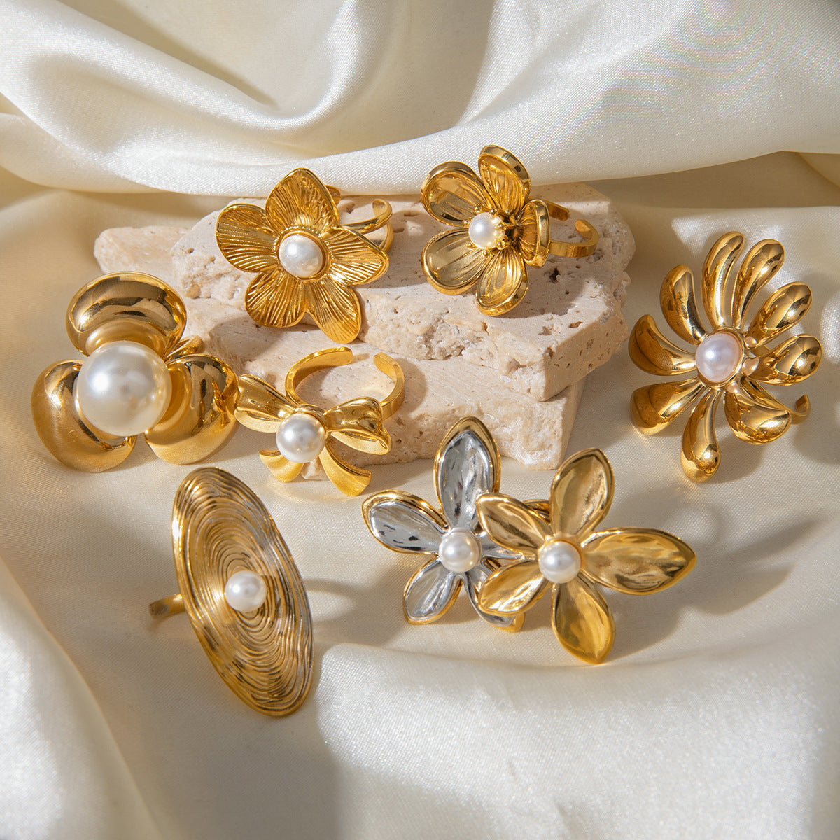 18k Gold Tone Pearl-Accent Ring Set - Flower/Bow/Spiral Designs | INS-Style Stackable Daily/Brunch Finger Jewelry for Women