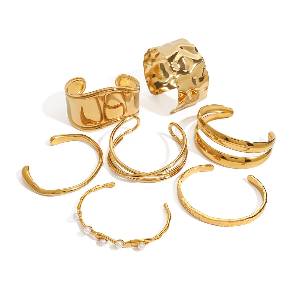 18k Gold Tone Bracelet Set - Hammered Wide Cuffs & Pearl-Accent Thin Bands | INS-Style Stackable Daily/Brunch Wrist Jewelry for Women