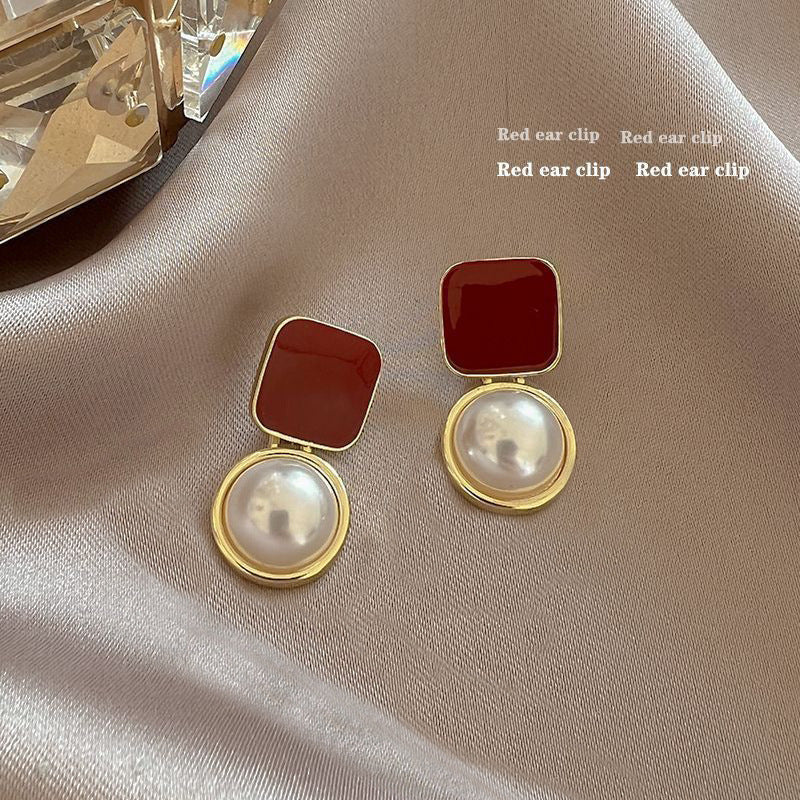 18k Gold Tone Pearl Red Ear Clip Set - Flower/Heart/Geometric Designs | INS-Style No-Piercing Daily/Brunch Accessories for Women