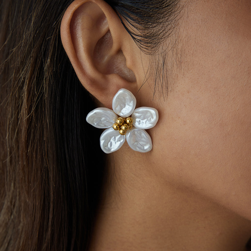 Gold Floral & Pearl Earring Set - Multi-Style Blossom/Leaf/Geometric Designs | Retro Elegant Daily/Brunch Jewelry for Women (Glossy Gold + Pearl/Floral Accents)