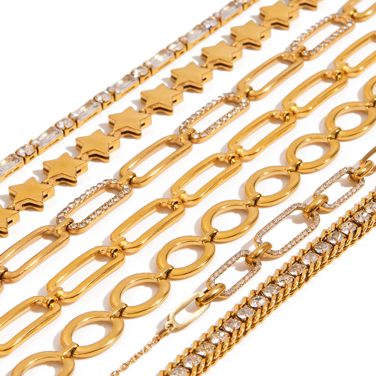 18k Gold Tone Bracelet Set - Star/Pink Crystal/Heart Designs | INS-Style Stackable Daily/Brunch Wrist Jewelry for Women