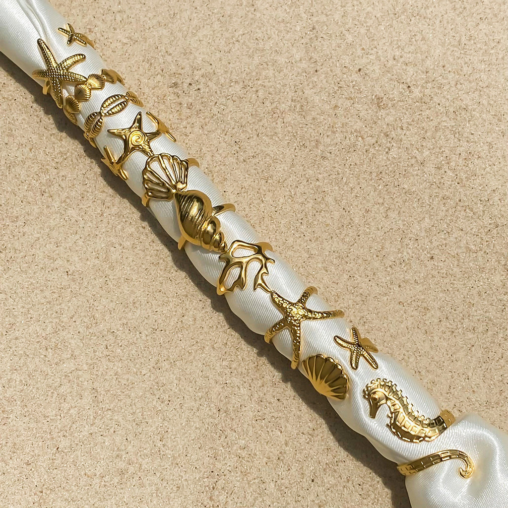 Gold Coastal-Chic Jewelry Set - Starfish/Shell/Coral Rings & Bracelet | Bold Ocean Motif Statement Accessories for Women (Beach/Daily/Brunch Wear)