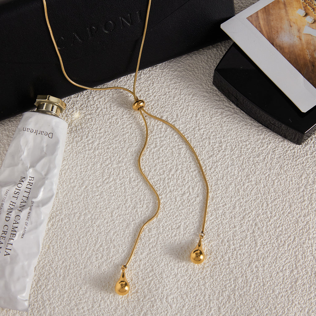 Gold Adjustable Y-Drop Necklace - Double Teardrop Pendant | Modern Elegant Lariat Jewelry for Women (Daily/Date Night/Casual Wear)