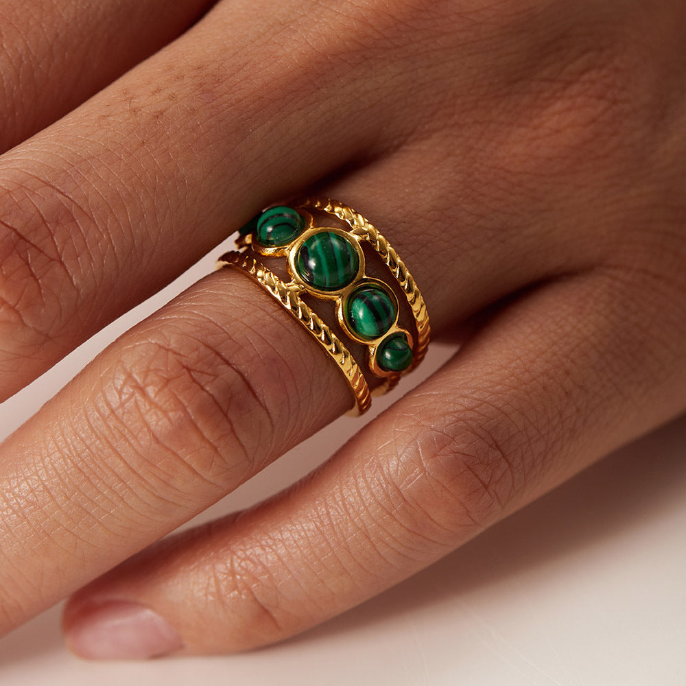 Gold Gemstone Statement Ring Set - Turquoise/Malachite/Tiger Eye | Retro Boho Stackable Daily/Brunch Finger Jewelry for Women