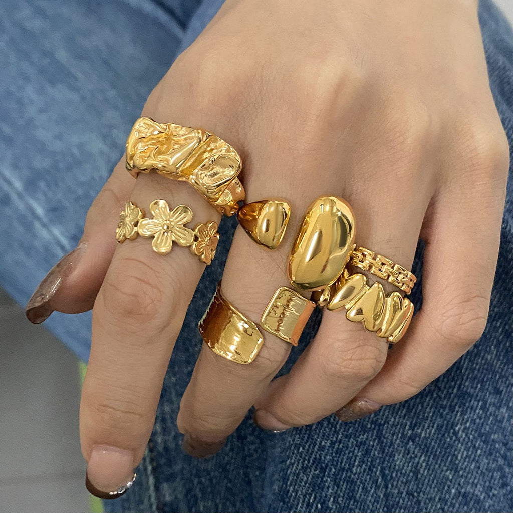 18k Gold Tone Stackable Ring Set - Floral/Irregular/Chain Designs | INS-Style Daily/Brunch Finger Jewelry for Women