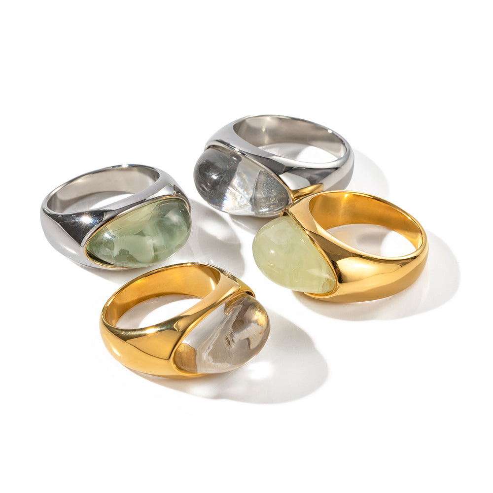 Gold & Silver Tone Gemstone Ring Set - Translucent Oval Stones | 18k INS-Style Minimalist Daily/Brunch Finger Jewelry for Women