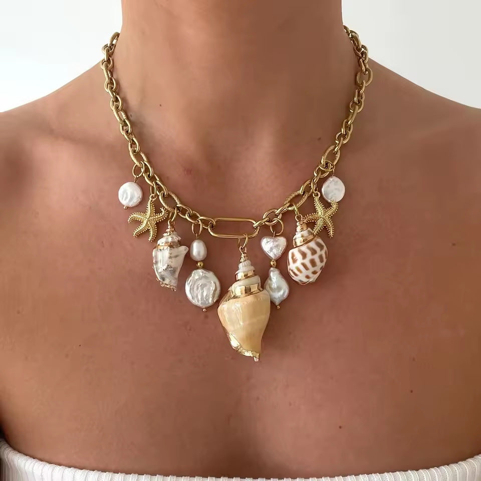 Gold Layered Ocean Theme Necklace Set - Shell/Starfish/Conch/Pearl Charms | Beach Nautical Statement Jewelry for Women