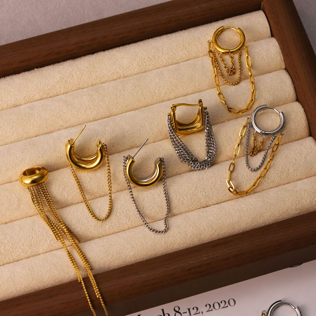 Gold Hoop Tassel CZ Dangle Earrings - Minimalist Long Chain Statement Jewelry for Women