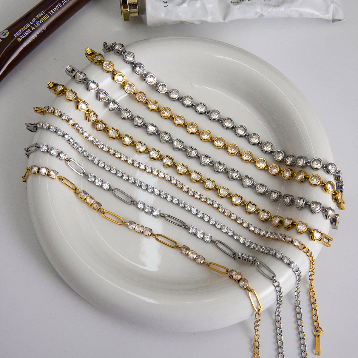 18k Gold/Silver Tone Crystal Bracelet Set - Heart/Round Accents | INS-Style Stackable Daily/Brunch Wrist Jewelry for Women