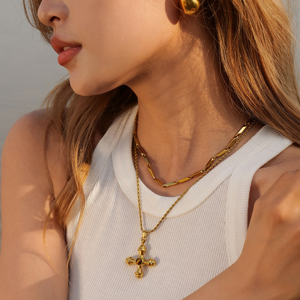 Gold Cross Pendant Necklace Set - Green Agate/Amber Stones | 18k Gold Tone INS-Style Daily/Brunch Neck Jewelry for Women