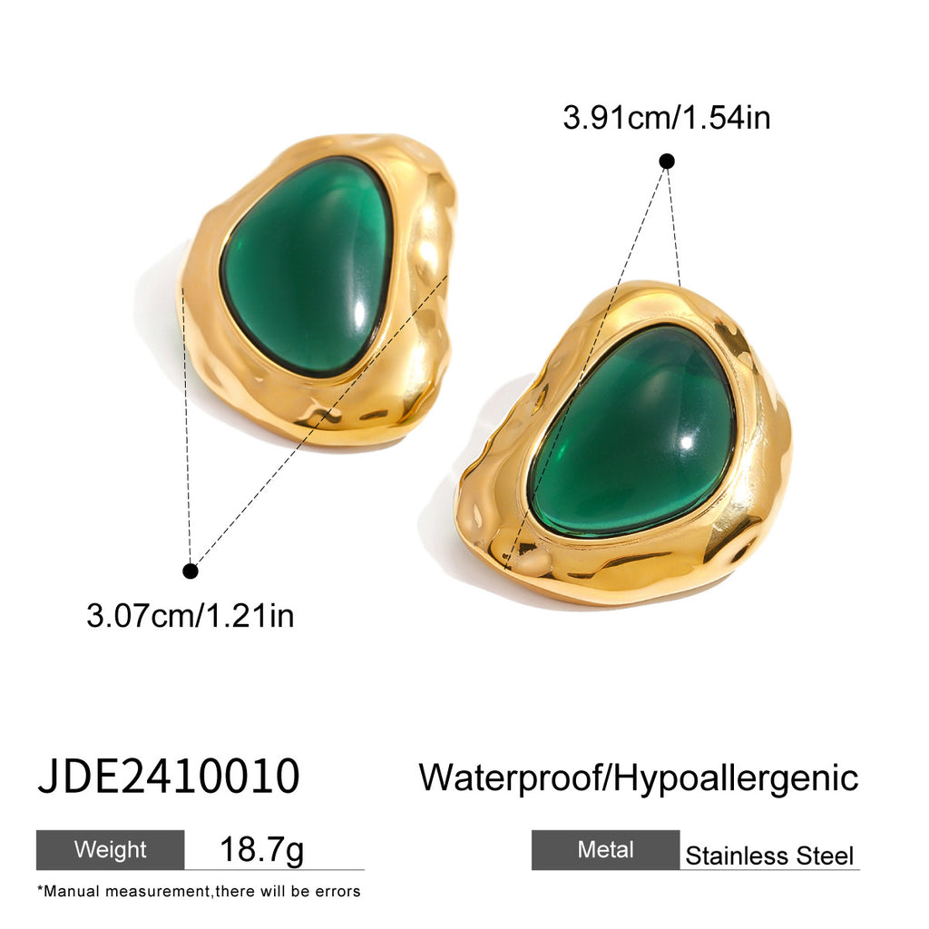 Gold Irregular Texture Emerald Stud Earrings - Bold Organic-Style Statement Jewelry for Women (Party/Formal/Casual Glam Wear)