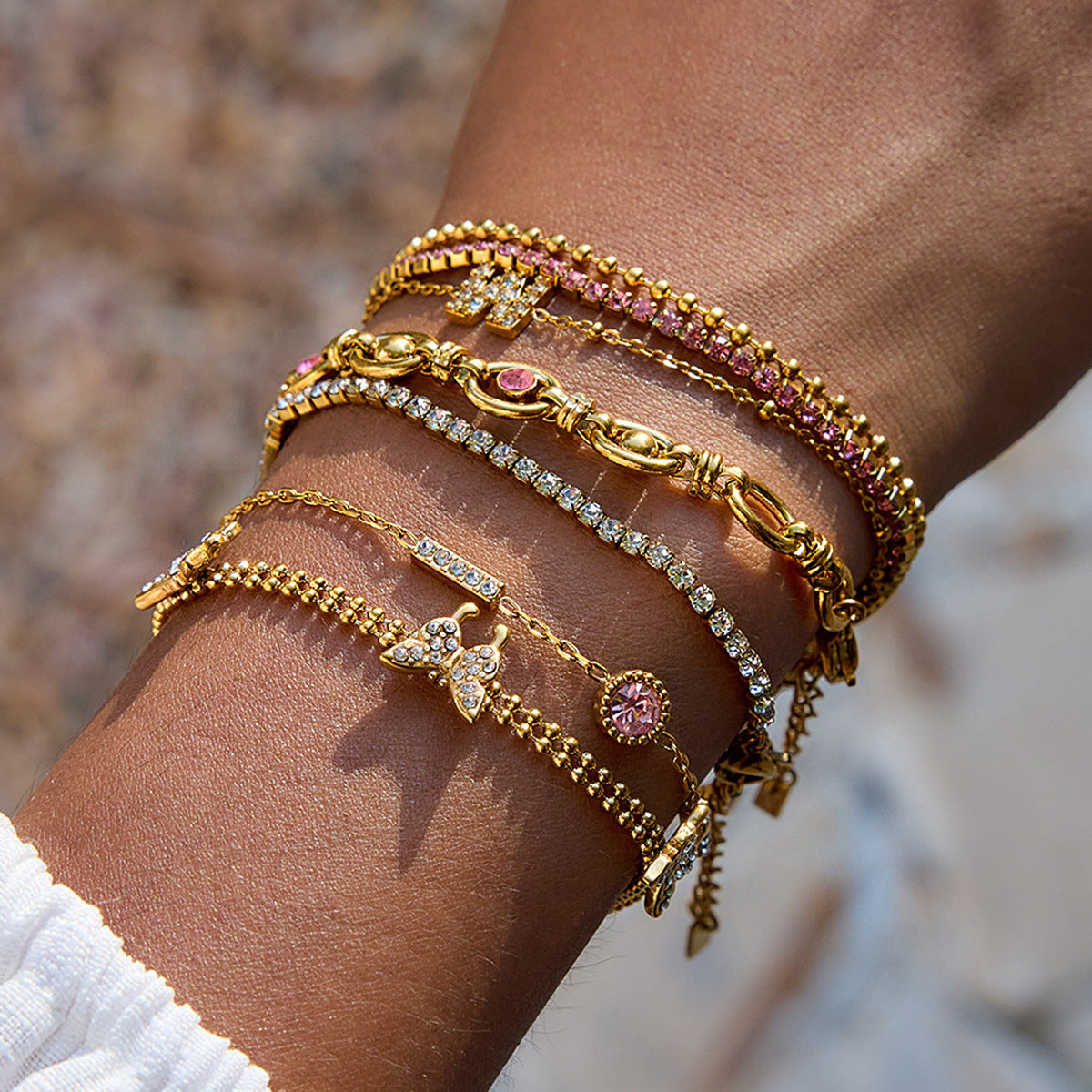 Gold Multi-Layer Bracelet Set - Pink Gem & Butterfly Charm, Sparkly Rhinestone Accents | Glam Statement Wrist Stack for Women (Daily/Party/Casual Wear)