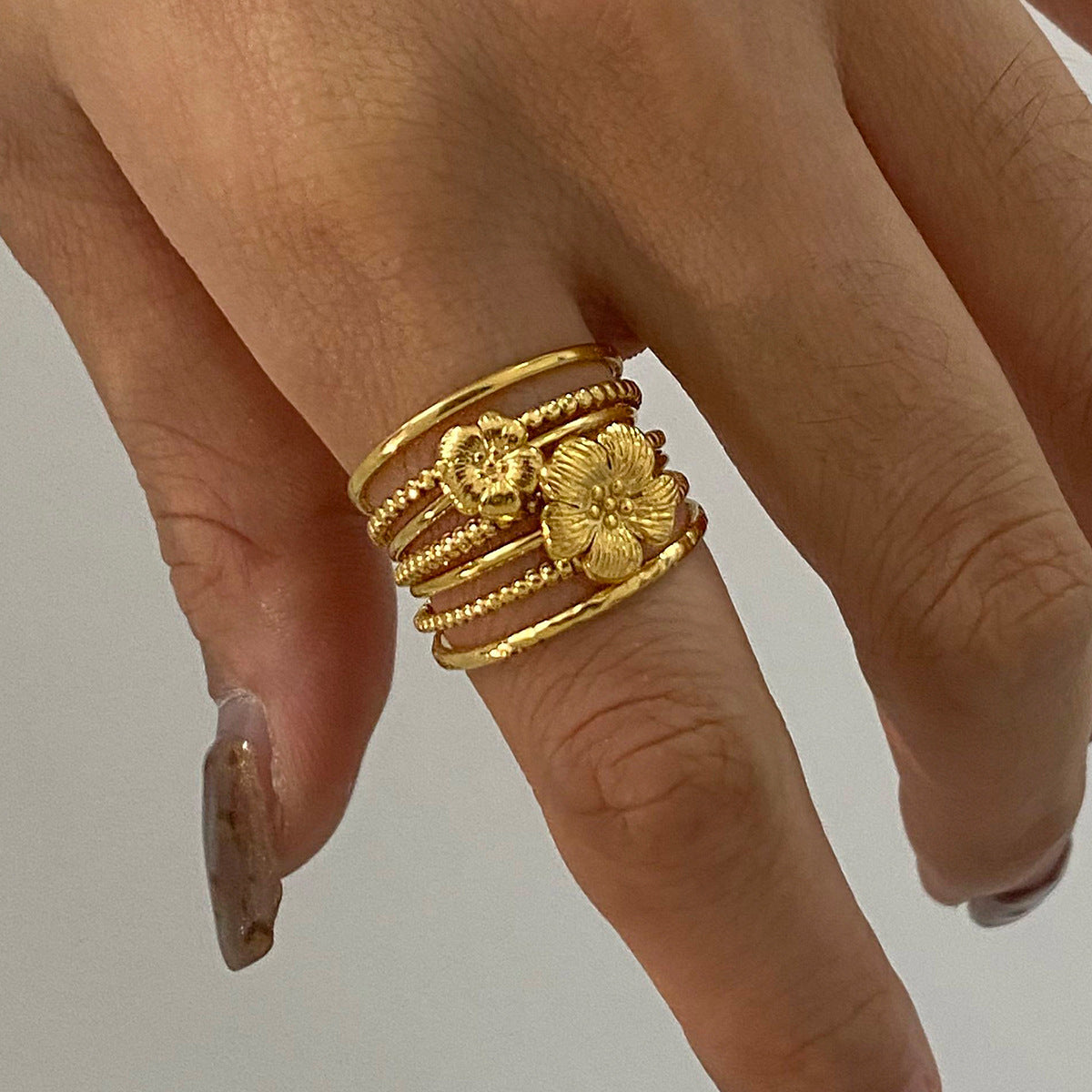 Gold Multi-Layered Stackable Ring Set - Flower/Sun/Gem Accents | Boho Glam Statement Jewelry for Women
