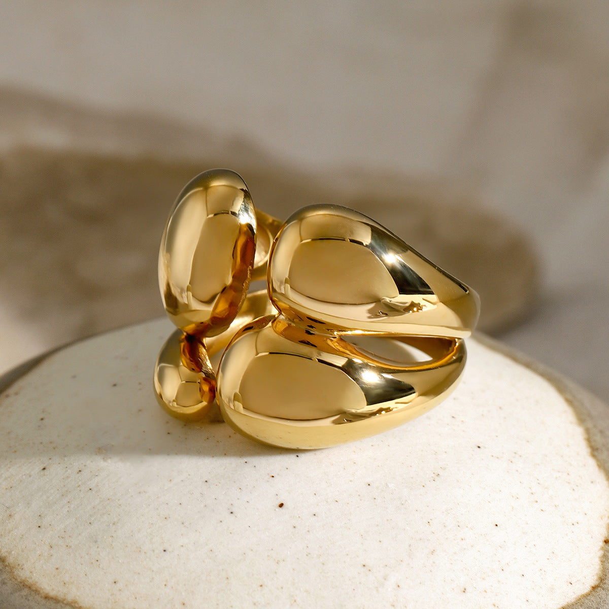 Gold Modern Bold Ring Set - Sculpted Multi-Drop & Oversized Glossy Finger Jewelry for Women (Daily/Brunch/Casual Statement Wear)