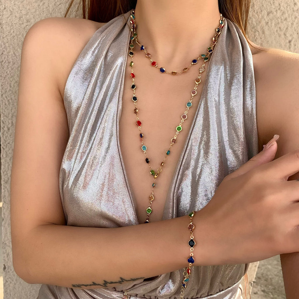 18k Gold Tone Multi-Layer Jewelry Set - Colorful Gem Necklace & Bracelet | INS-Style Daily/Brunch Accessories for Women