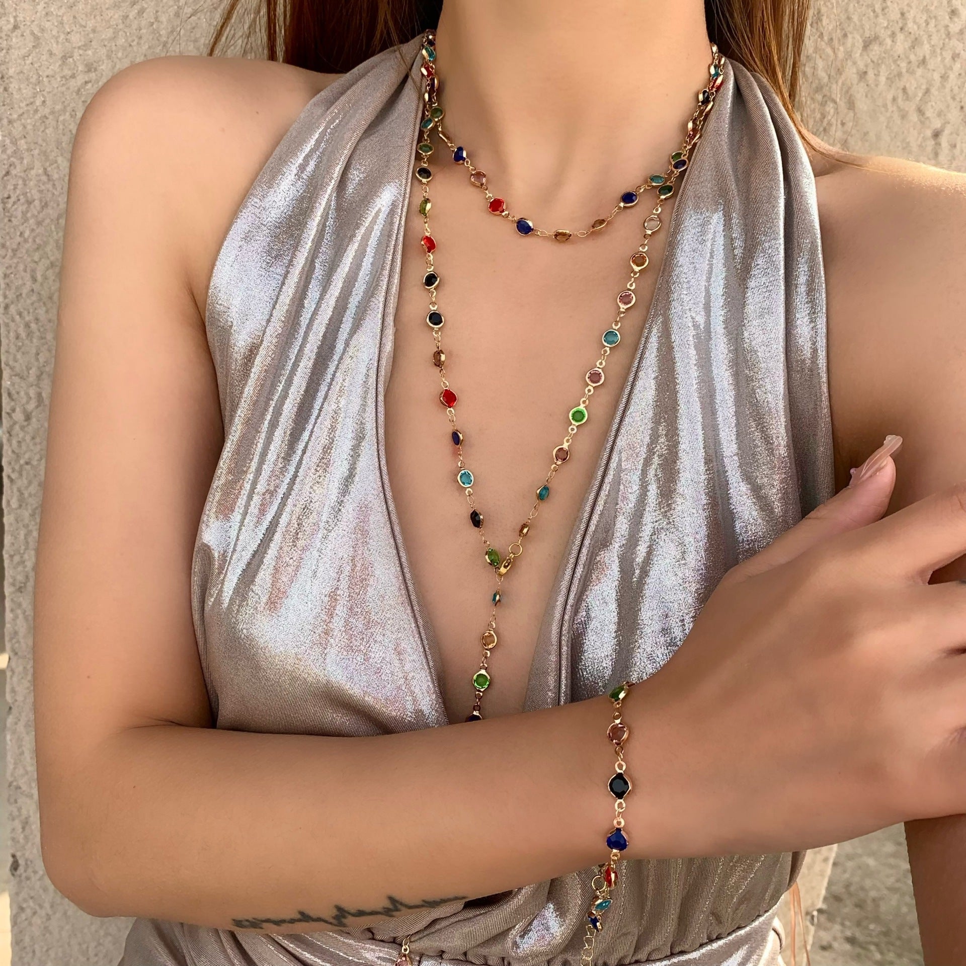 18k Gold Tone Multi-Layer Jewelry Set - Colorful Gem Necklace & Bracelet | INS-Style Daily/Brunch Accessories for Women