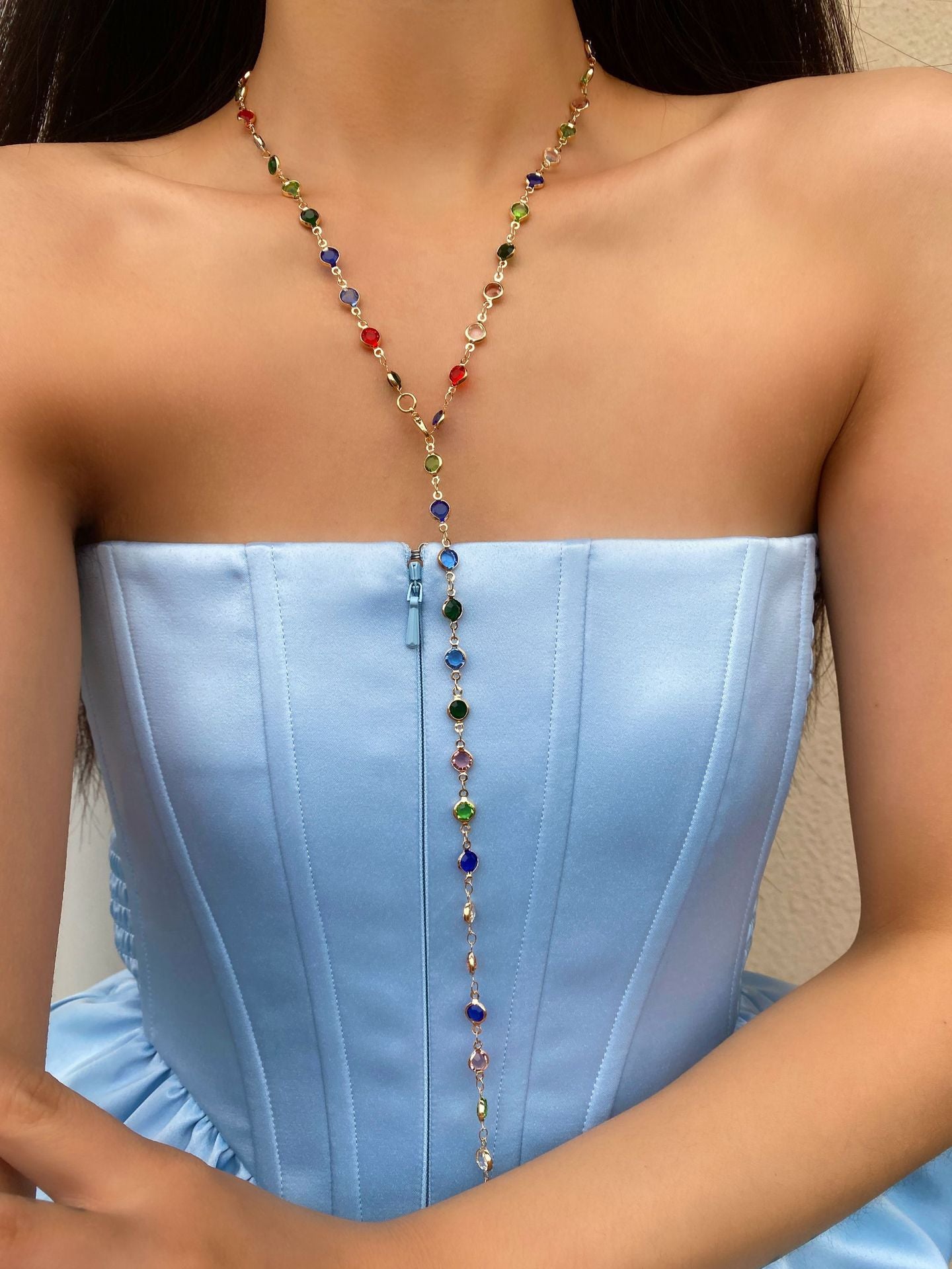 18k Gold Tone Multi-Layer Jewelry Set - Colorful Gem Necklace & Bracelet | INS-Style Daily/Brunch Accessories for Women