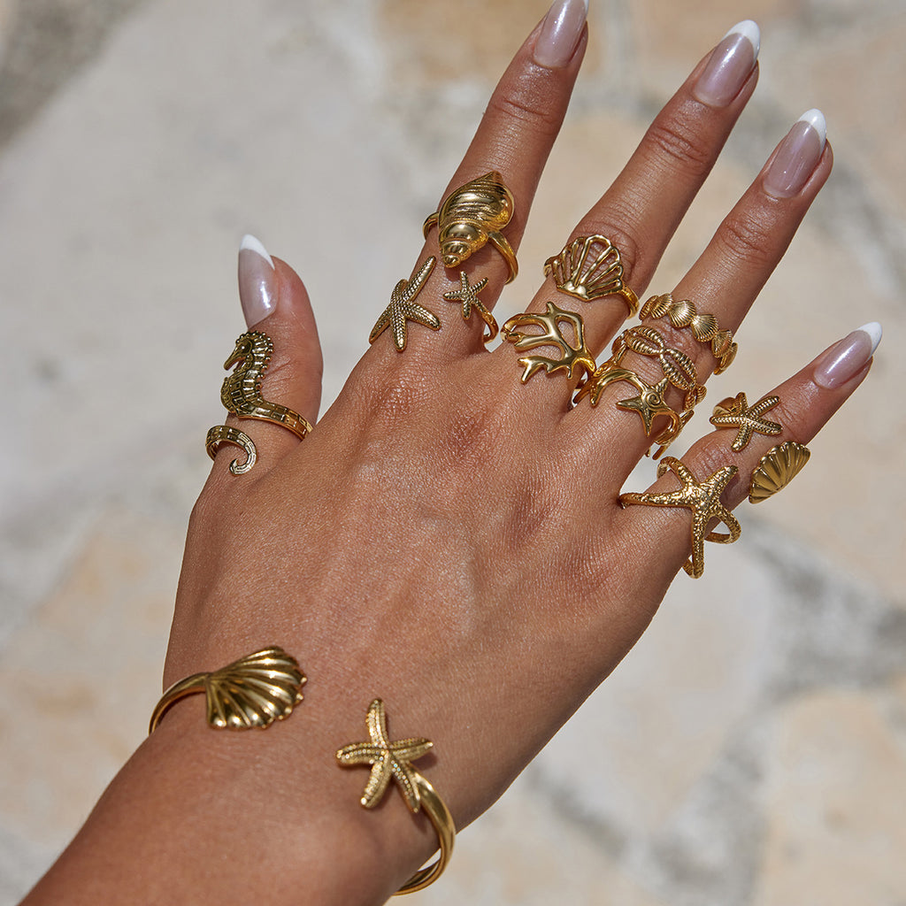 Gold Coastal-Chic Jewelry Set - Starfish/Shell/Coral Rings & Bracelet | Bold Ocean Motif Statement Accessories for Women (Beach/Daily/Brunch Wear)
