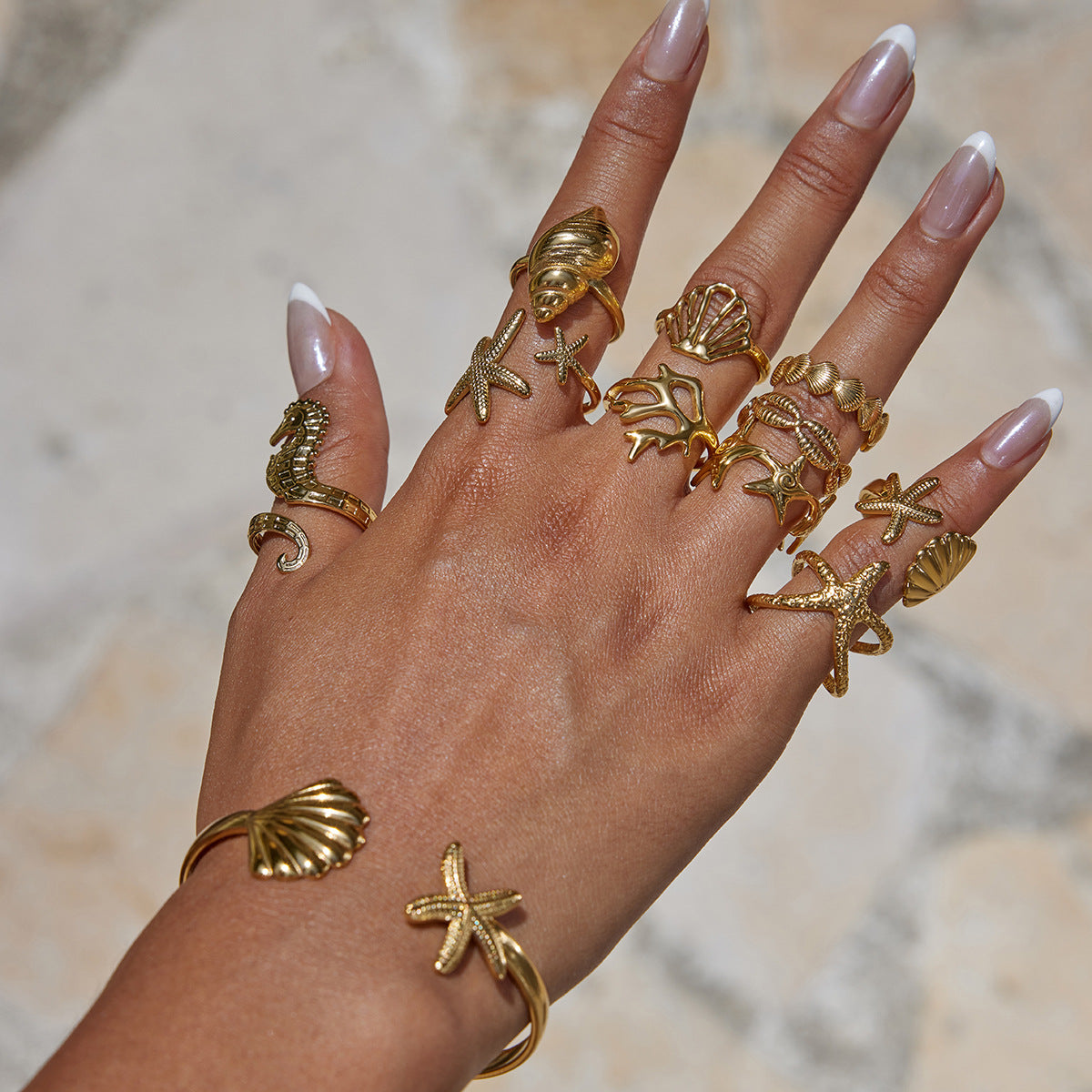 Gold Coastal-Chic Jewelry Set - Starfish/Shell/Coral Rings & Bracelet | Bold Ocean Motif Statement Accessories for Women (Beach/Daily/Brunch Wear)