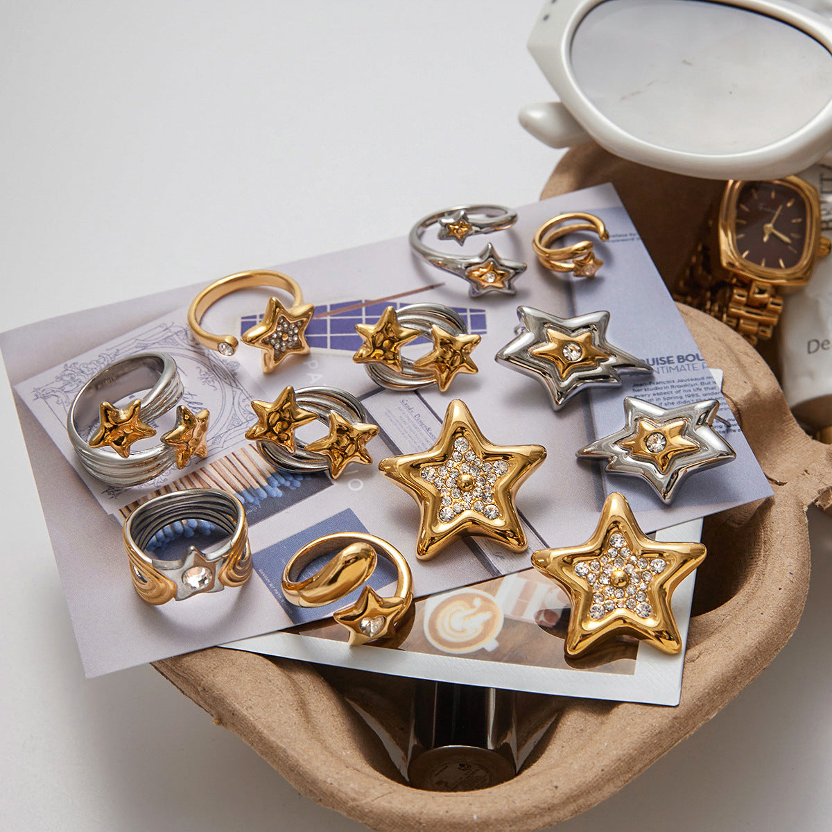 Gold & Silver Star Ring Set - Rhinestone-Accented Stackable Rings | Adjustable Open/Close Band Statement Jewelry for Women