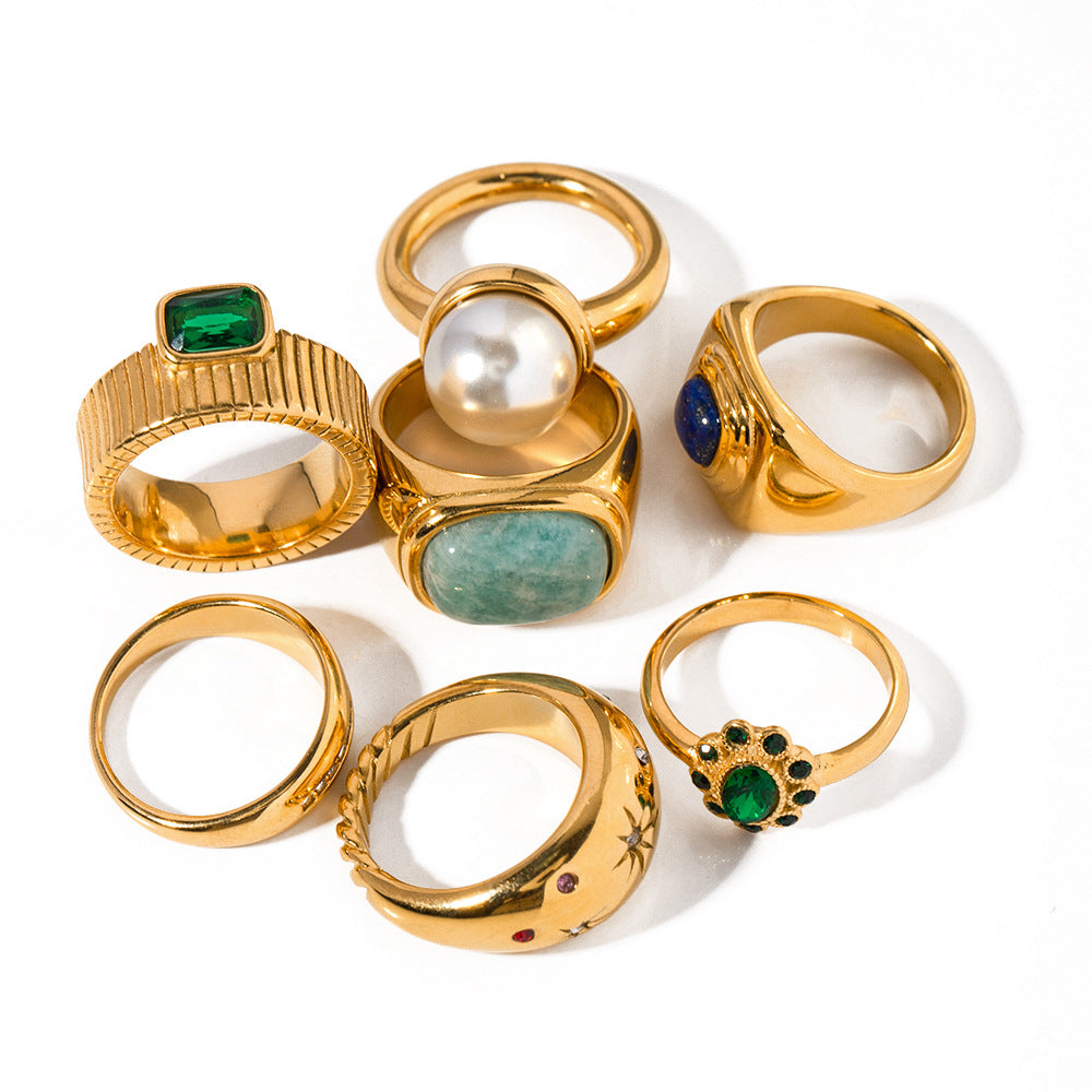 18k Gold Tone Ring Set - Emerald/Sapphire/Pearl/Star Designs | INS-Style Stackable Daily/Brunch Finger Jewelry for Women