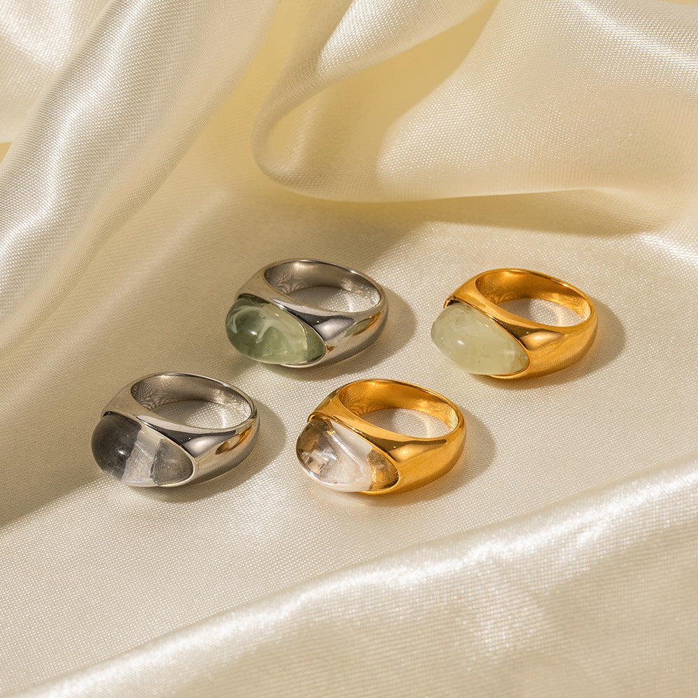 Gold & Silver Tone Gemstone Ring Set - Translucent Oval Stones | 18k INS-Style Minimalist Daily/Brunch Finger Jewelry for Women