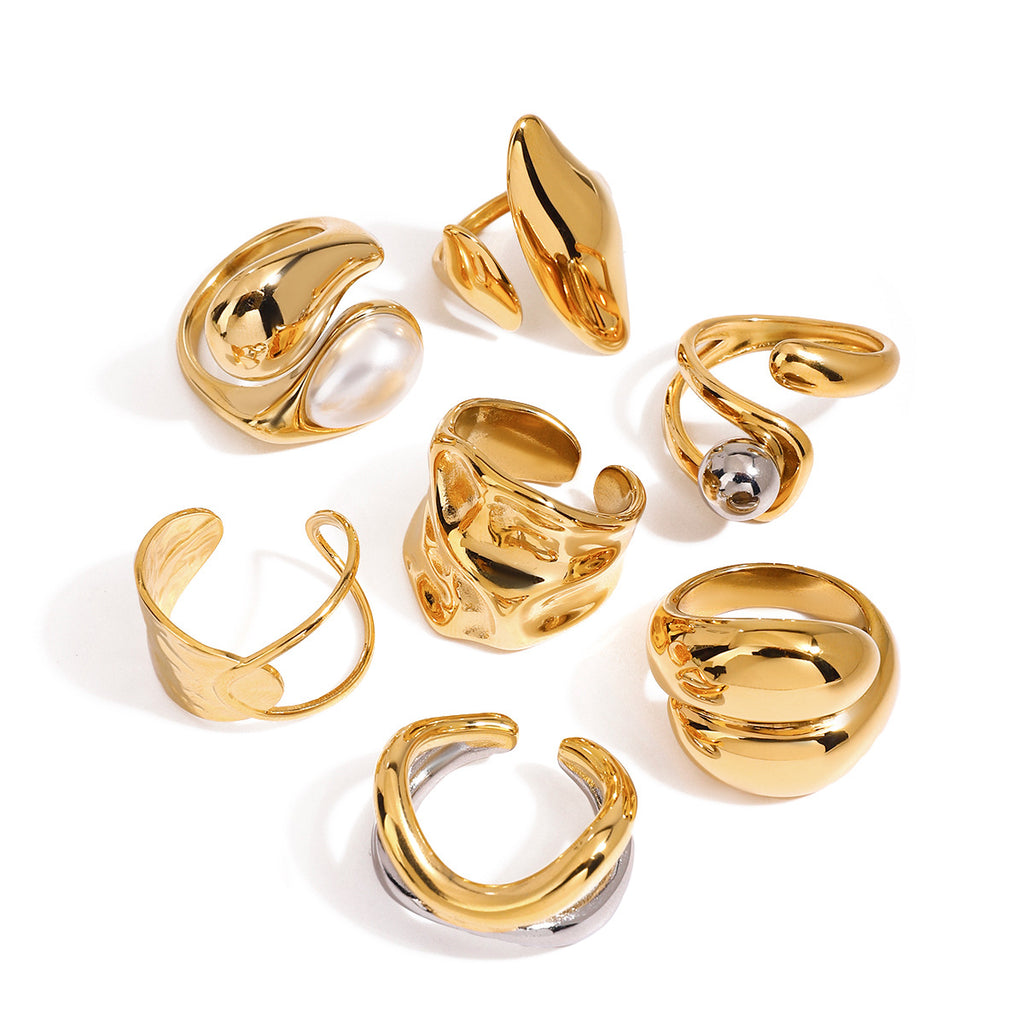 Artistic Gold Statement Ring Set - Abstract Sculptural & Pearl-Embellished Rings for Avant-Garde Women's Fashion