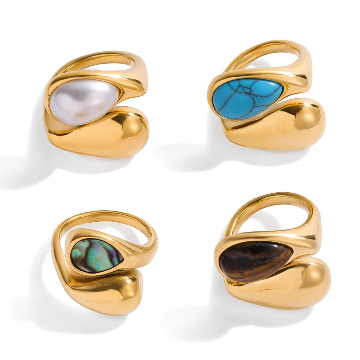 Gold Evil Eye Teardrop Ring Set - Turquoise/Pearl/Tiger Eye/Abalone Shell Stackable Statement Jewelry for Women