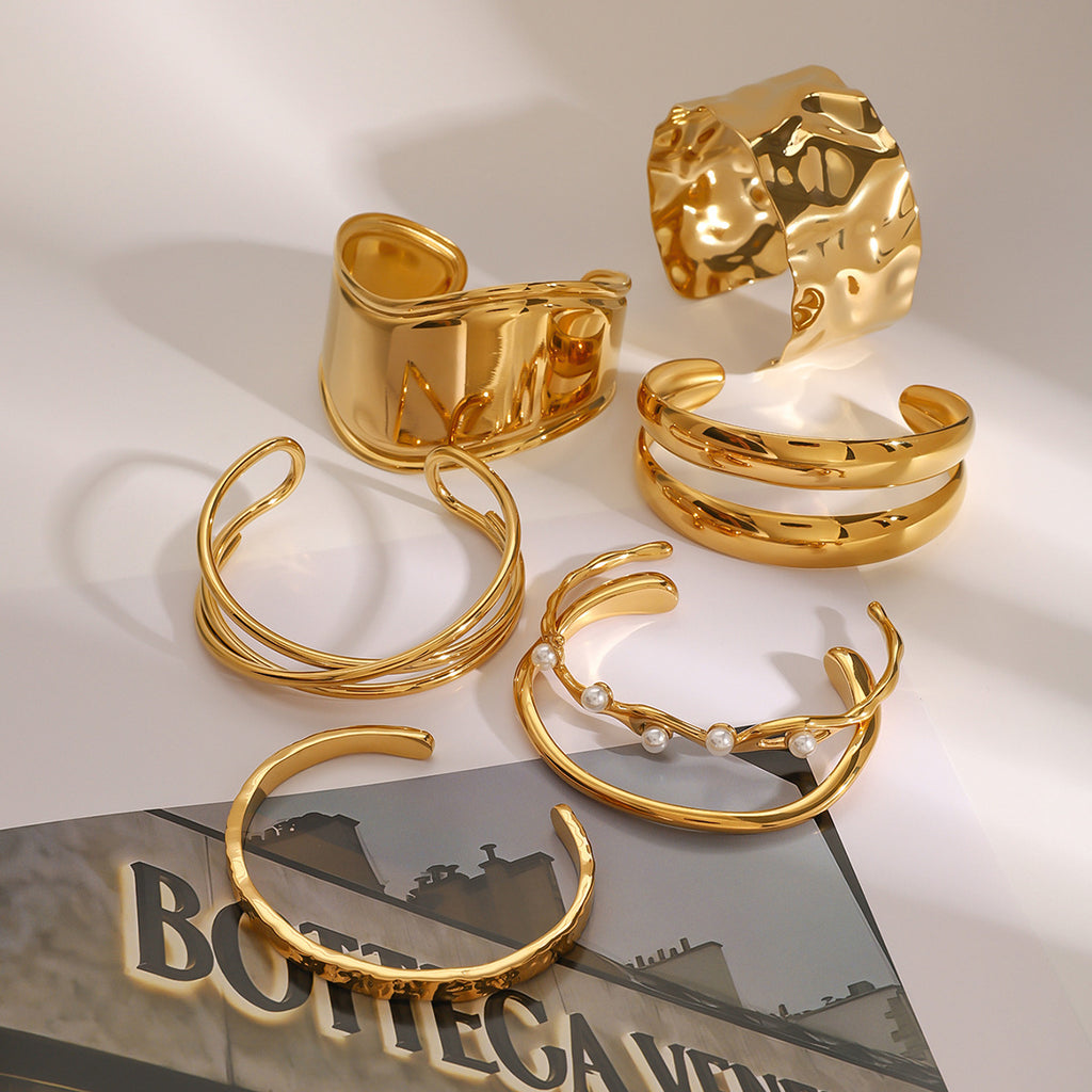 18k Gold Tone Bracelet Set - Hammered Wide Cuffs & Pearl-Accent Thin Bands | INS-Style Stackable Daily/Brunch Wrist Jewelry for Women