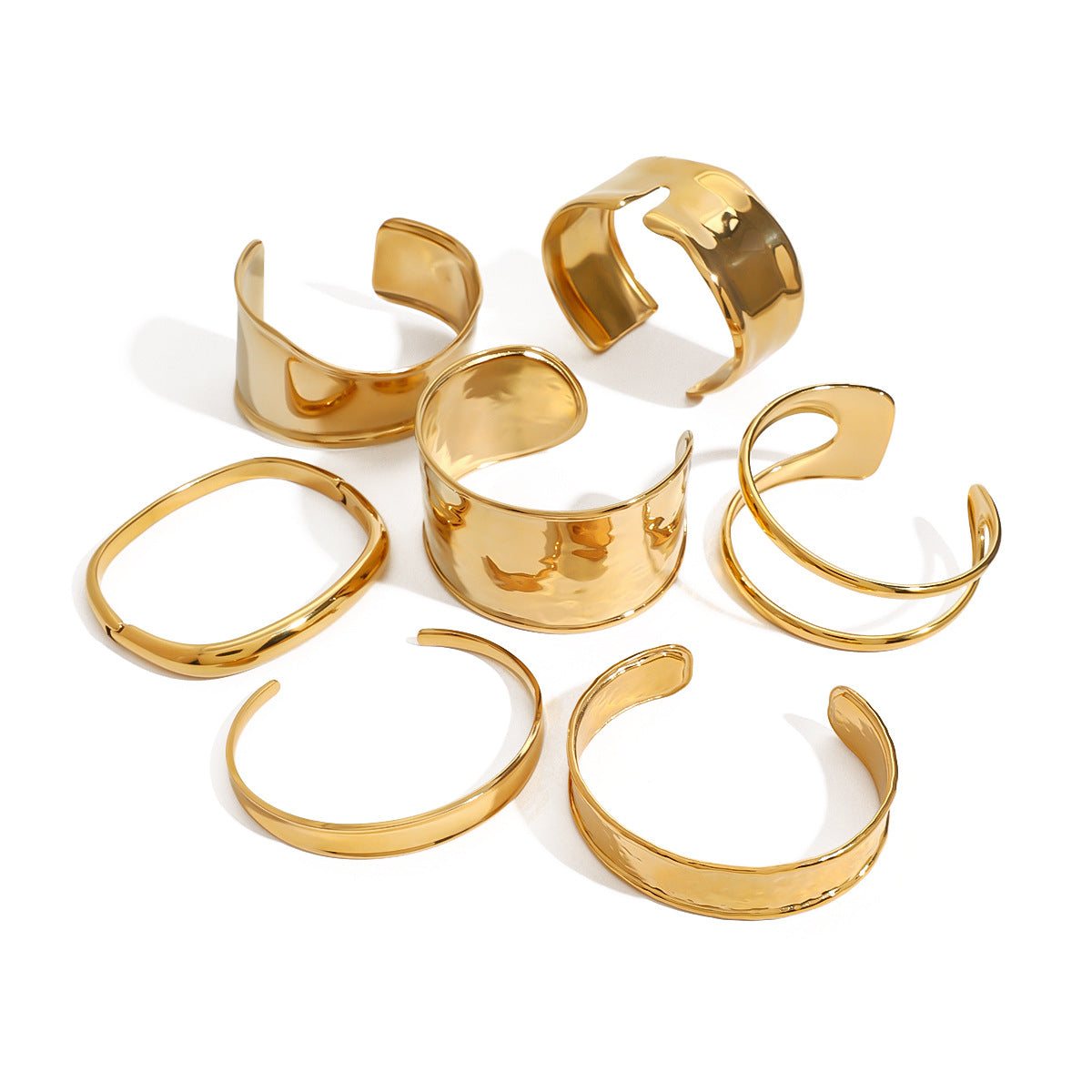 Gold Hammered & Glossy Bracelet Set - Stackable Bold Cuffs | INS-Style 18k Gold Tone Daily/Brunch Wrist Jewelry for Women