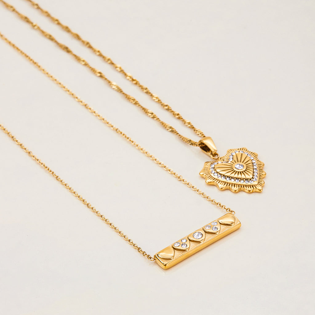 Gold Double-Layer Heart Rhinestone Necklace - Retro Romantic Pendants | Glossy Gold Daily/Brunch/Date Neck Jewelry for Women