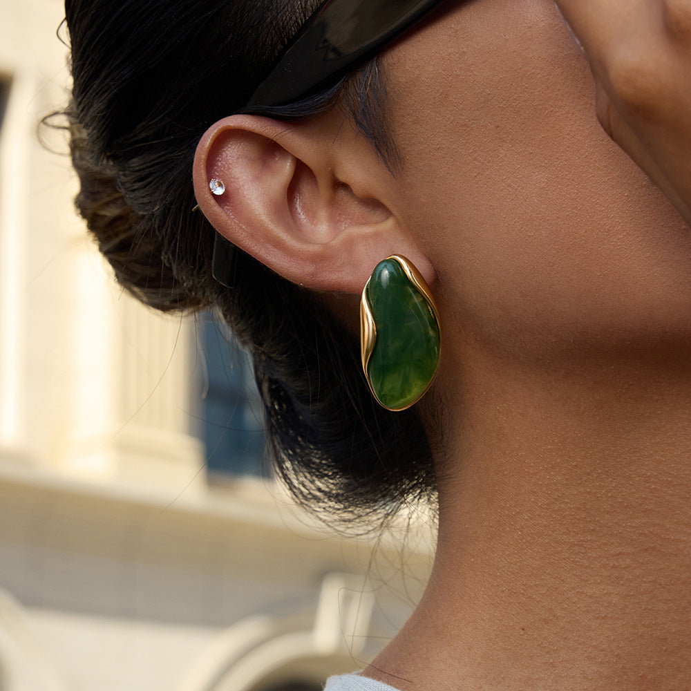 Gold Frame Irregular Gem Drop Earrings - White/Amber/Green/Pink Resin Stone Options | Retro Organic Statement Jewelry for Women (Daily/Brunch/Casual Wear)