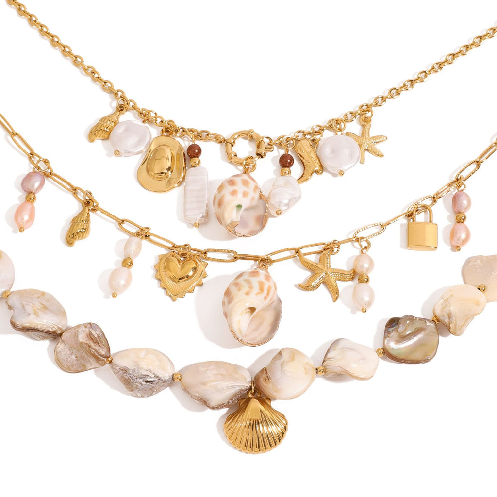 Gold Layered Ocean Theme Necklace Set - Shell/Starfish/Conch/Pearl Charms | Beach Nautical Statement Jewelry for Women