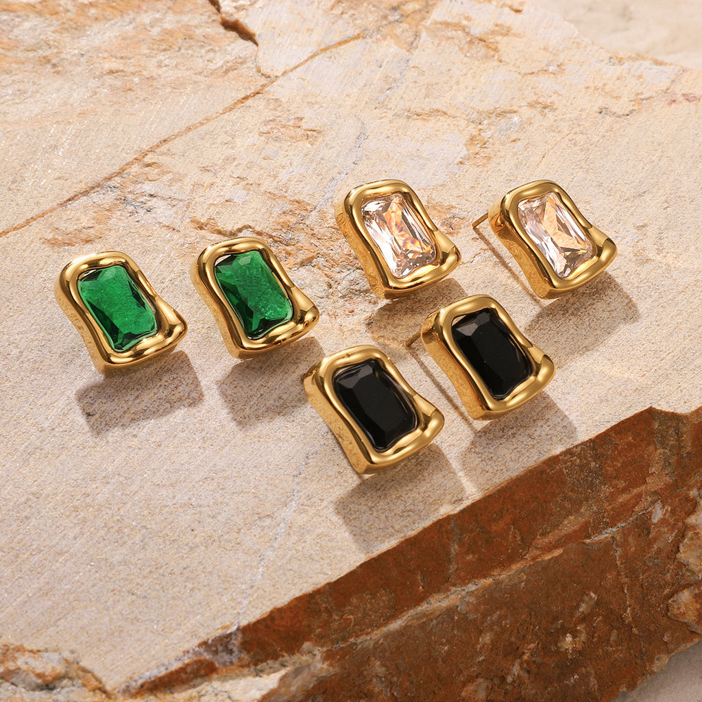 Gold Irregular Frame Gem Stud Earring Set - White/Green/Black Stone Accents | Modern Bold Daily/Brunch Jewelry for Women (Glossy Textured Gold Borders)
