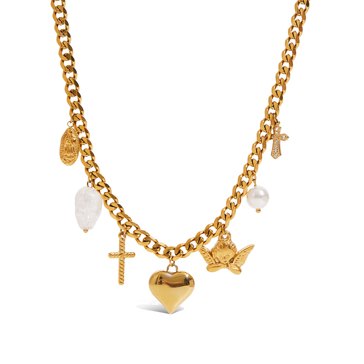 Gold Multi-Layer Pearl & Charm Necklace Set - Cross/Angel/Heart Pendants | Retro Boho Y2K Statement Neck Jewelry for Women (Daily/Brunch/Festival Wear)