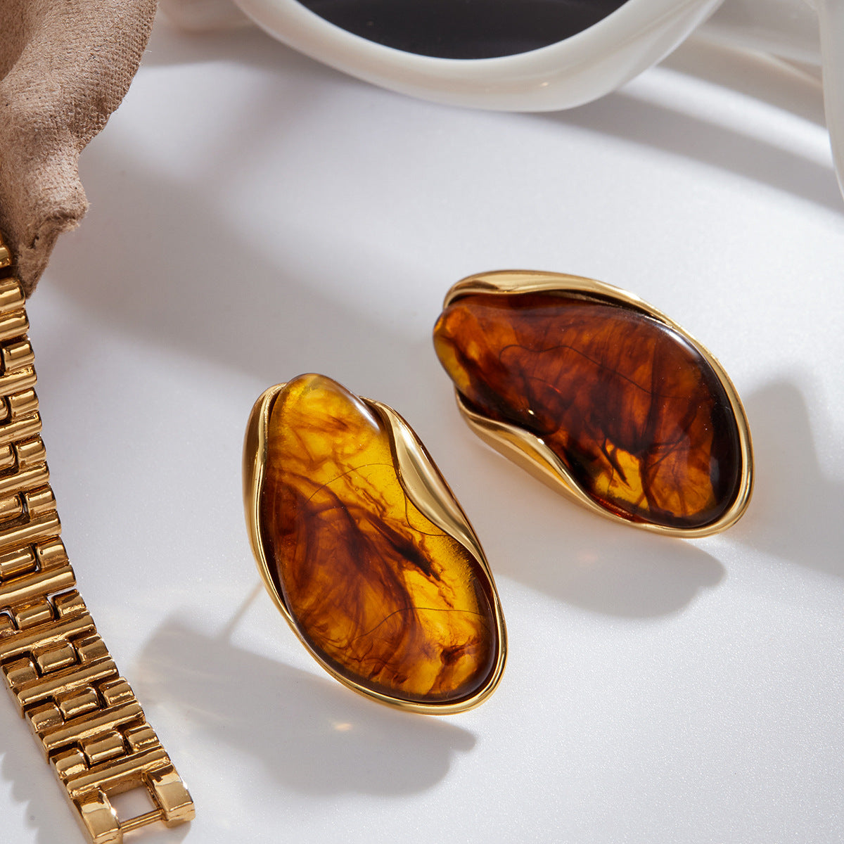 Gold Frame Irregular Gem Drop Earrings - White/Amber/Green/Pink Resin Stone Options | Retro Organic Statement Jewelry for Women (Daily/Brunch/Casual Wear)