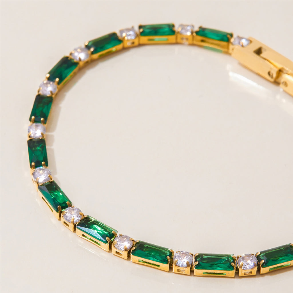 18k Gold Tone Emerald Bracelet Set - Heart/Square Gem Designs | INS-Style Stackable Daily/Brunch Wrist Jewelry for Women