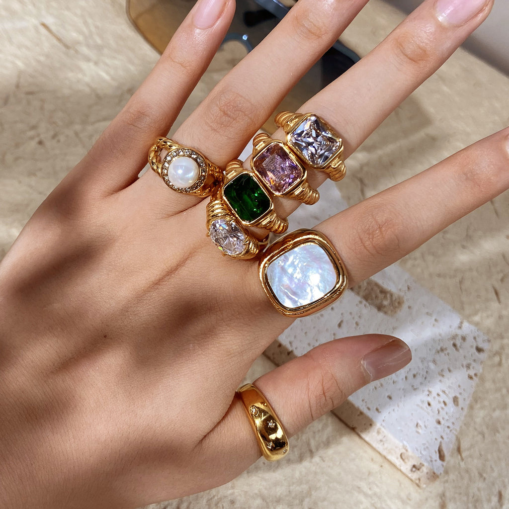 18k Gold Tone Ring Set - Emerald/Sapphire/Pearl/Star Designs | INS-Style Stackable Daily/Brunch Finger Jewelry for Women