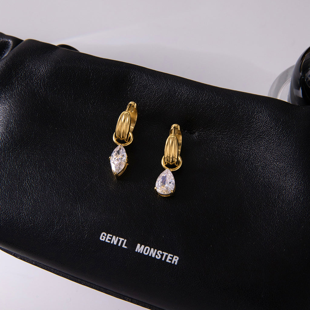 Gold Crystal Ear Set - Stone Cuff/Pear Huggies/Drop Studs | 18k Gold Tone INS-Style Daily/Brunch Ear Jewelry for Women