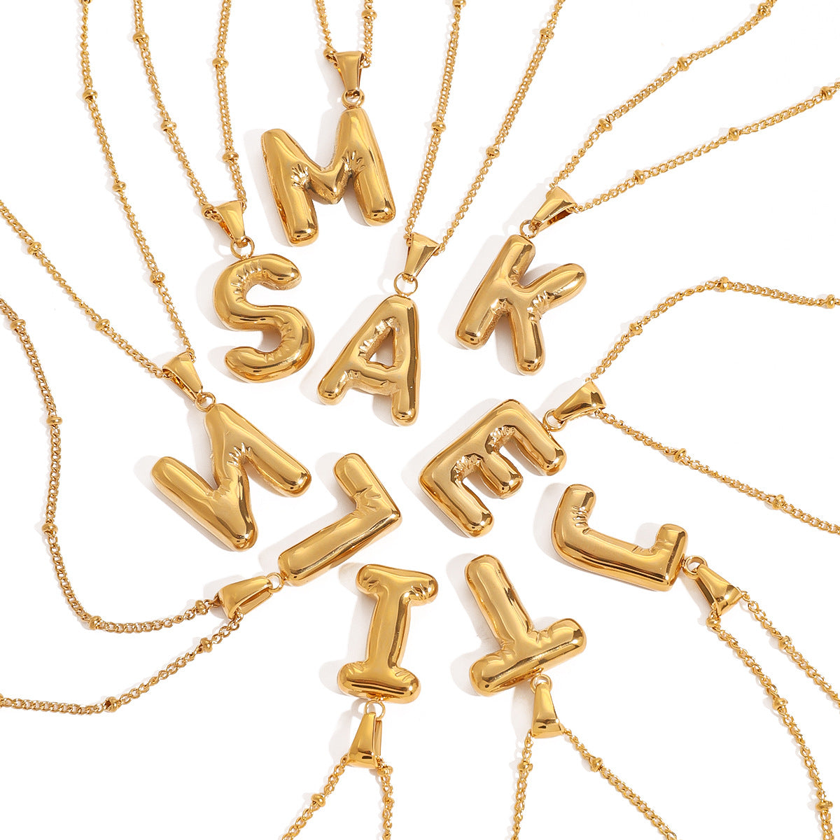 Gold 3D Playful Letter Pendant Necklace Set - Customizable Layered Initial Jewelry for Women (DIY Name/Word Styling, Daily/Casual Wear)